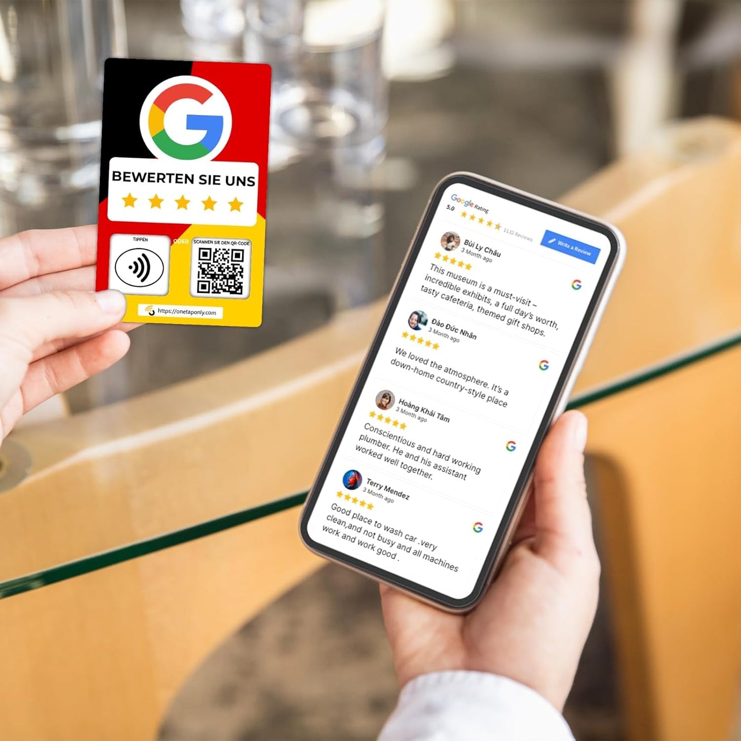 German Google Review Cards by One Tap Only - Tap for Instant Reviews - Compatible with All Phones - NFC & QR Smart Tap Reusable - Increase Business Reviews image 4