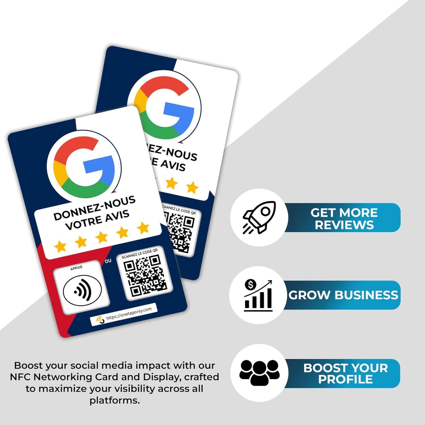 French Google Review Cards by One Tap Only - Tap for Instant Reviews - Compatible with All Phones - NFC & QR Smart Tap Reusable - Increase Business Reviews image 6