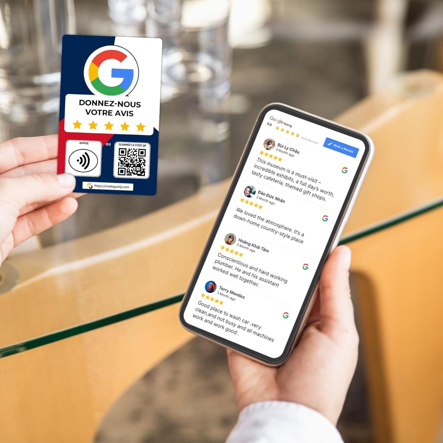French Google Review Cards by One Tap Only - Tap for Instant Reviews - Compatible with All Phones - NFC & QR Smart Tap Reusable - Increase Business Reviews image 4