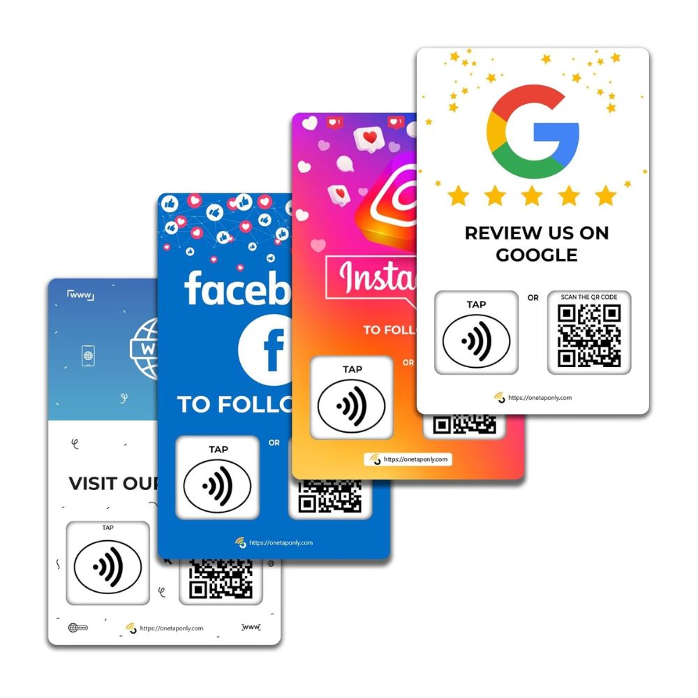 4-Pack Google Review Tap Cards Follow Us on Instagram & Facebook NFC Tap Cards Contactless Review Card for Instant Reviews & Followers All Phones Compatible Reusable NFC & QR Code - 4 Pack Social Cards image
