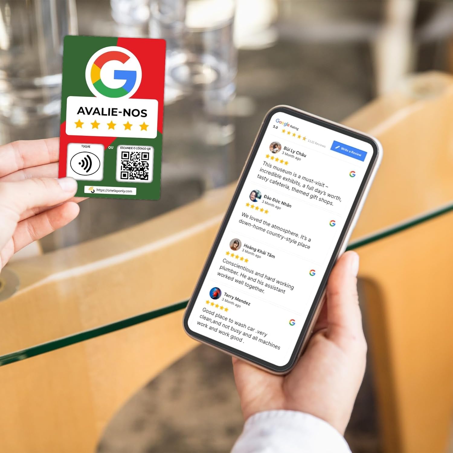 Portuguese Google Review Cards by One Tap Only - Tap for Instant Reviews - Compatible with All Phones - NFC & QR Smart Tap Reusable - Increase Business Reviews image 8